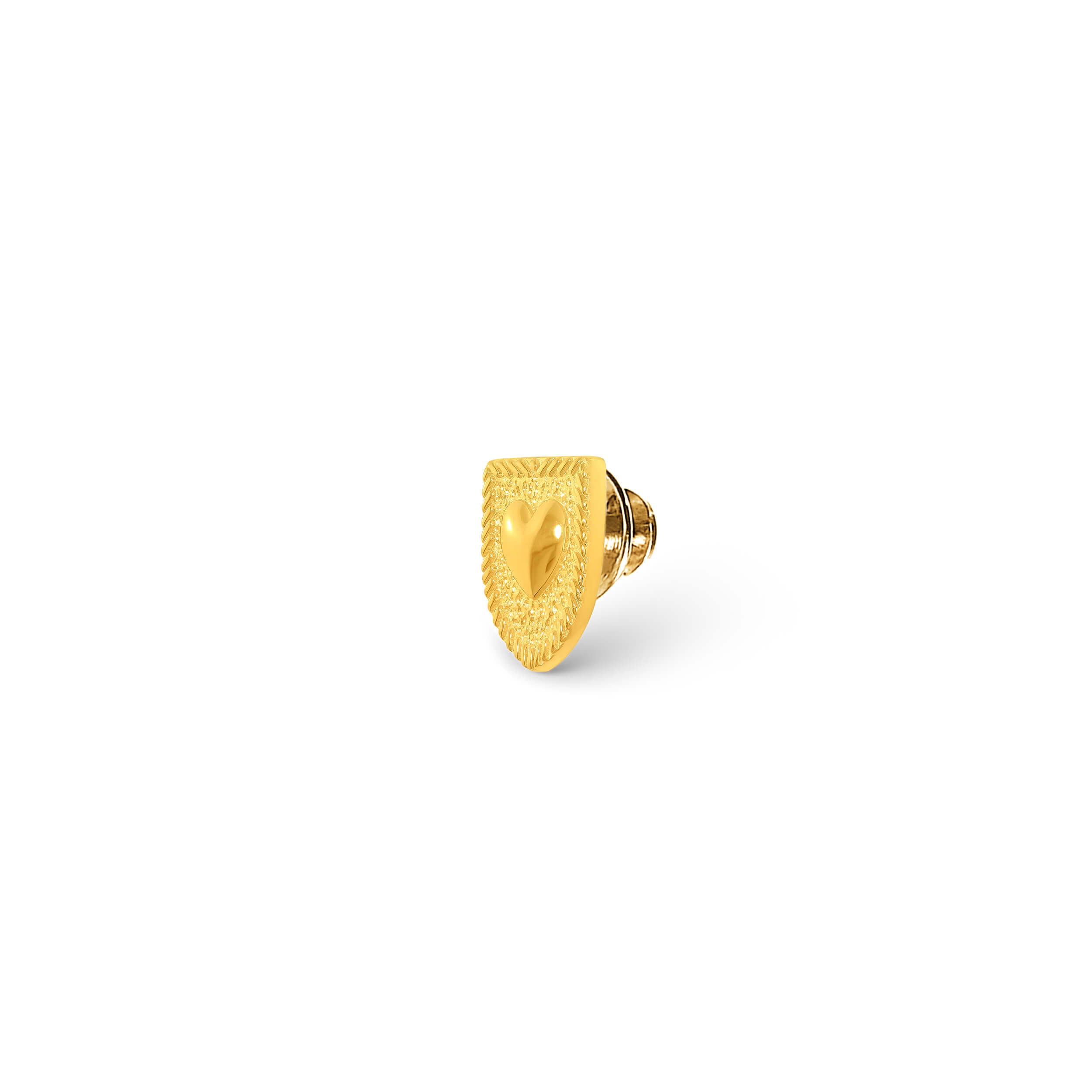 Courageous Love Pin in 14k gold vermeil with shield and heart design, symbolizing strength, protection, resilience, and the power of love.