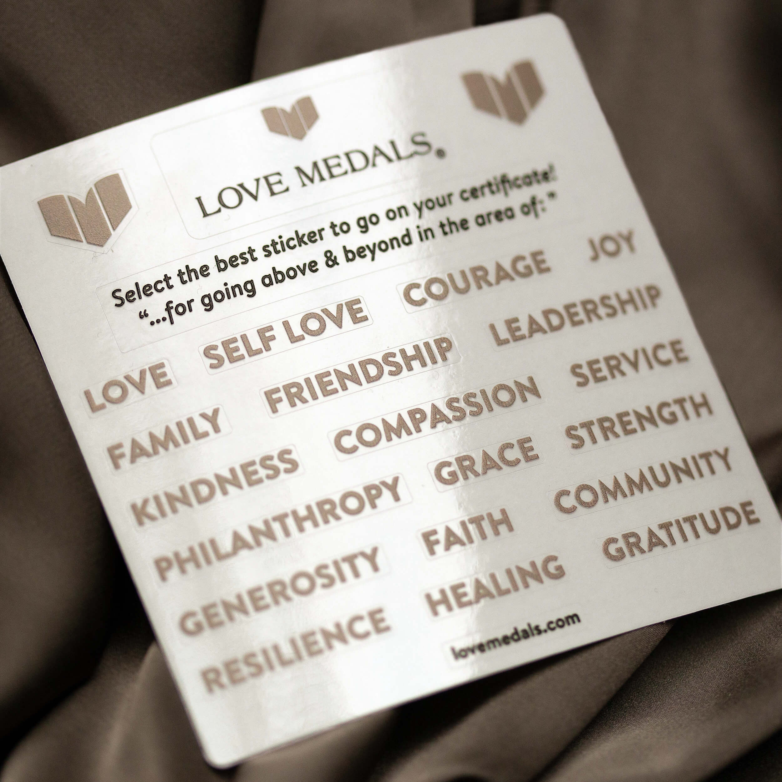 Love Medals sticker sheet with meaningful meaningful words to personalize the customizable certificates. The word stickers are love, self love, courage, joy, family, friendship, leadership, kindness, compassion, service, philanthropy, grace, strength, generosity, faith, community, resilience, healing and gratitude.