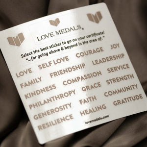 Love Medals customizable sticker sheet with meaningful words like love, courage, family, friendship, resilience, and gratitude to personalize certificates.