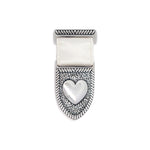 Silver Courageous Love Medal with shield and heart design and pearl white ribbon with gold trim