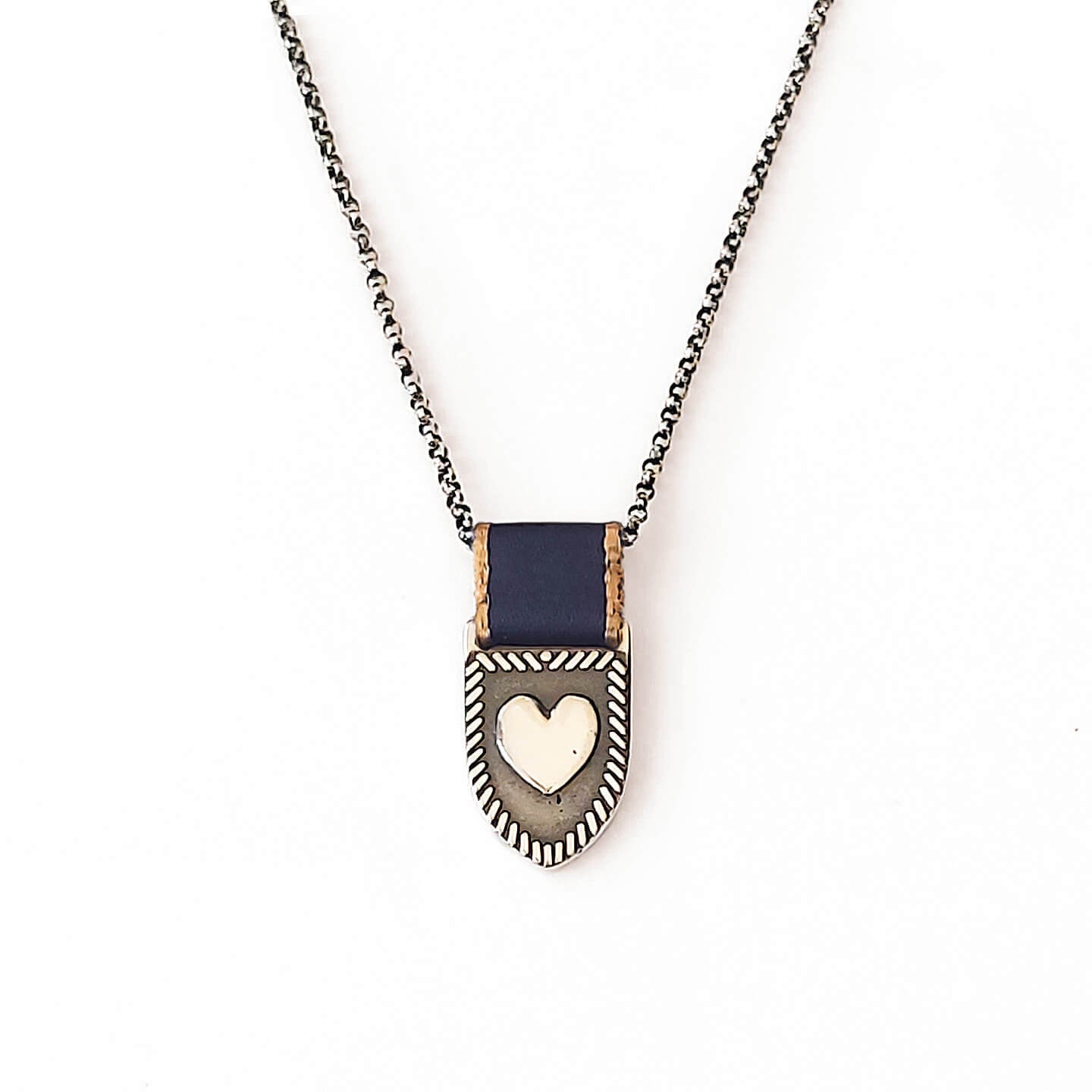 Heart Shield Necklace - Sterling Silver/Navy-Gold